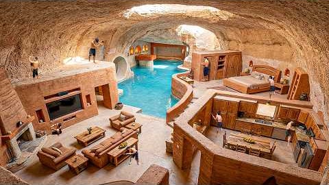 Building a Luxury Underground Clay Cave House with Indoor River Pool Complex Using Primitive Tools